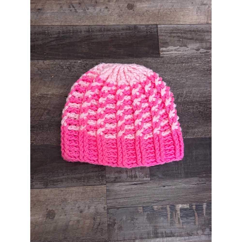 Handmade Pink Ombre Chunky Knit Beanie Ribbed Winter Hat Women